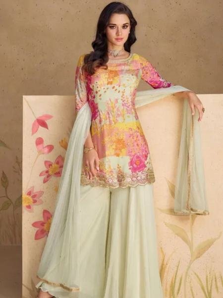 Off White Chinon Silk Palazzo Suit with Floral Digital Print And Sequins Work Wholesale Printed Salwar Kameez 