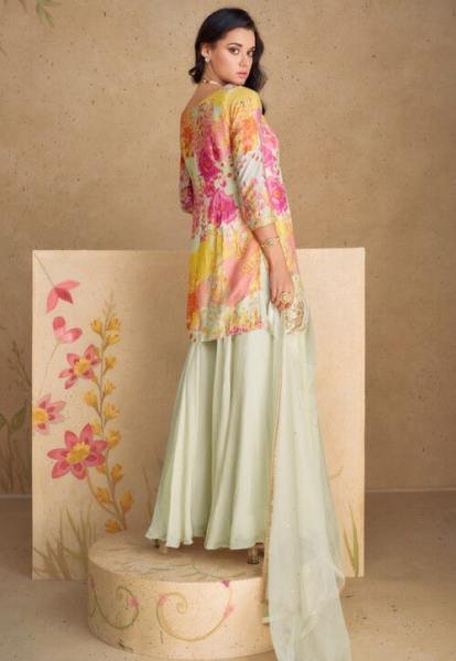 Off White Chinon Silk Palazzo Suit with Floral Digital Print And Sequins Work Designer Plazzo Salwar Suits Wholesale