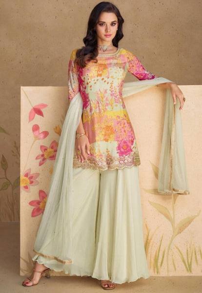 Off White Chinon Silk Palazzo Suit with Floral Digital Print And Sequins Work Designer Plazzo Salwar Suits Wholesale