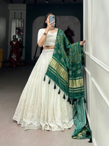 Off White Color Lucknowi Work Lehenga Choli With Different Dupatta Navratri Lehnega Choli