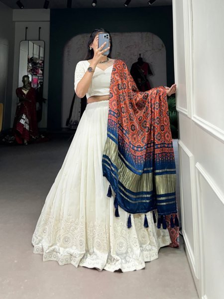 Off White Color Lucknowi Work Lehenga Choli With Different Dupatta Navratri Lehnega Choli