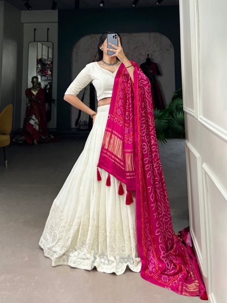 Off White Color Lucknowi Work Lehenga Choli With Different Dupatta Navratri Lehnega Choli