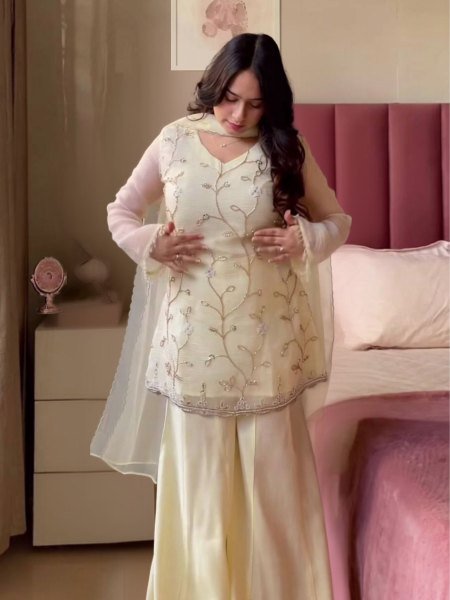 Off White Crunchy Georgette Silk Sharara Set With Hand Bead Work And Embroidered Dupatta Seller Collection Ready To Wear Suit