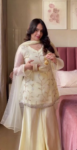 Off White Crunchy Georgette Silk Sharara Set With Hand Bead Work And Embroidered Dupatta Seller Collection Ready To Wear Collection
