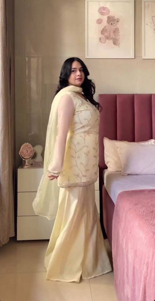 Off White Crunchy Georgette Silk Sharara Set With Hand Bead Work And Embroidered Dupatta Seller Collection Ready To Wear Collection
