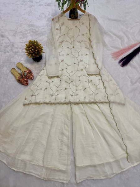 Off White Crunchy Georgette Silk Sharara Set With Hand Bead Work And Embroidered Dupatta Seller Collection Ready To Wear Collection