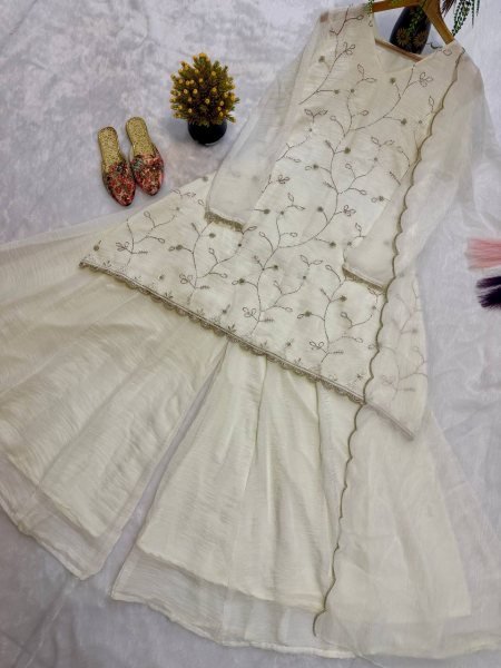 Off White Crunchy Georgette Silk Sharara Set With Hand Bead Work And Embroidered Dupatta Seller Collection Ready To Wear Collection