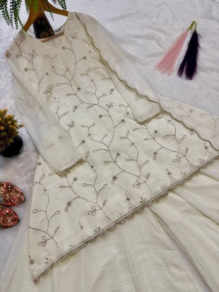 Off White Crunchy Georgette Silk Sharara Set With Hand Bead Work And Embroidered Dupatta Seller Collection Ready To Wear Collection