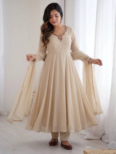 Off White Fox Georgette Gown Heavy Quality Fabric With Handwork Neck Pant And Gotta Lampi Lece Duptta  Ready To Wear Suit
