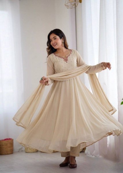 Off White Fox Georgette Gown Heavy Quality Fabric With Handwork Neck Pant And Gotta Lampi Lece Duptta  Ready To Wear Collection