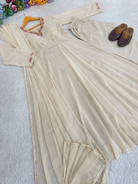 Off White Fox Georgette Gown Heavy Quality Fabric With Handwork Neck Pant And Gotta Lampi Lece Duptta  Ready To Wear Collection