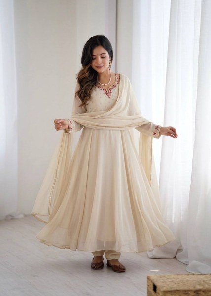 Off White Fox Georgette Gown Heavy Quality Fabric With Handwork Neck Pant And Gotta Lampi Lece Duptta  Ready To Wear Collection