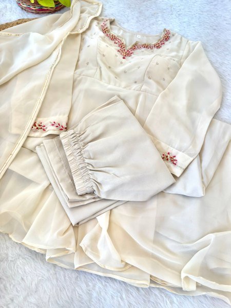 Off White Fox Georgette Gown Heavy Quality Fabric With Handwork Neck Pant And Gotta Lampi Lece Duptta  Ready To Wear Collection