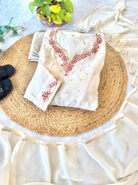 Off White Fox Georgette Gown Heavy Quality Fabric With Handwork Neck Pant And Gotta Lampi Lece Duptta  Ready To Wear Collection
