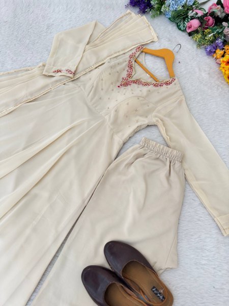 Off White Fox Georgette Gown Heavy Quality Fabric With Handwork Neck Pant And Gotta Lampi Lece Duptta  Ready To Wear Collection