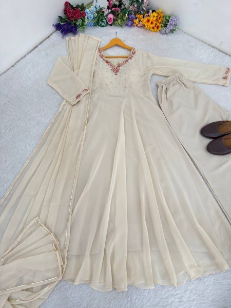 Off White Fox Georgette Gown Heavy Quality Fabric With Handwork Neck Pant And Gotta Lampi Lece Duptta  Ready To Wear Collection