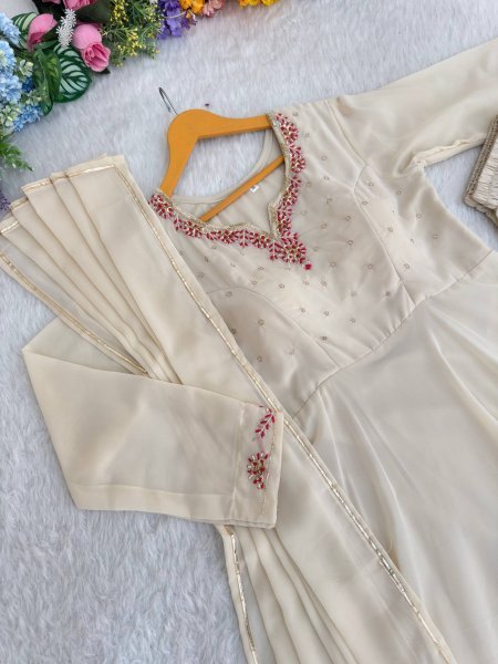 Off White Fox Georgette Gown Heavy Quality Fabric With Handwork Neck Pant And Gotta Lampi Lece Duptta  Ready To Wear Collection
