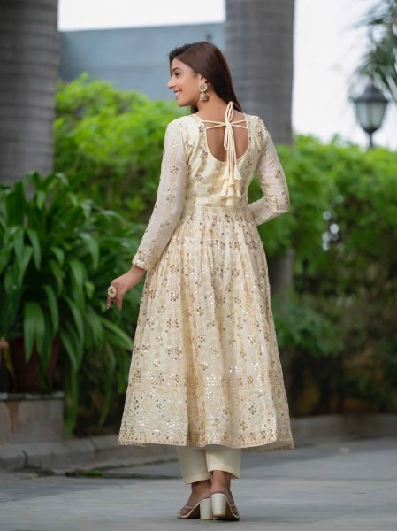 Off White Georgette Anarkali Suit With Heavy Sequin Embroidery Ready To Wear 3 Piece Set At Best Wholesale Price Anarkali Kurtis 