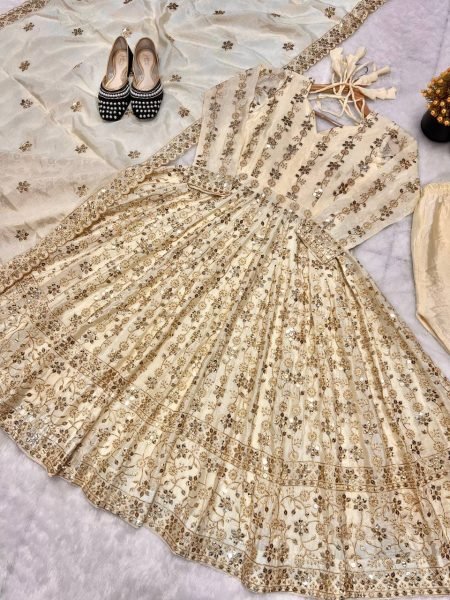 Off White Georgette Anarkali Suit With Heavy Sequin Embroidery Ready To Wear 3 Piece Set At Best Wholesale Price Anarkali Kurtis 