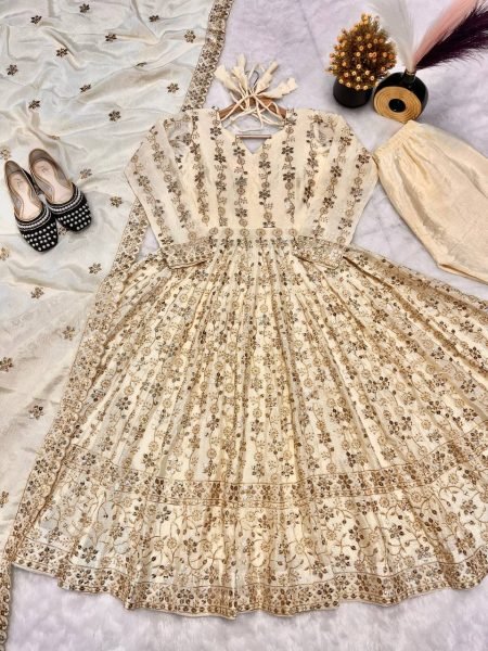 Off White Georgette Anarkali Suit With Heavy Sequin Embroidery Ready To Wear 3 Piece Set At Best Wholesale Price Anarkali Kurtis 