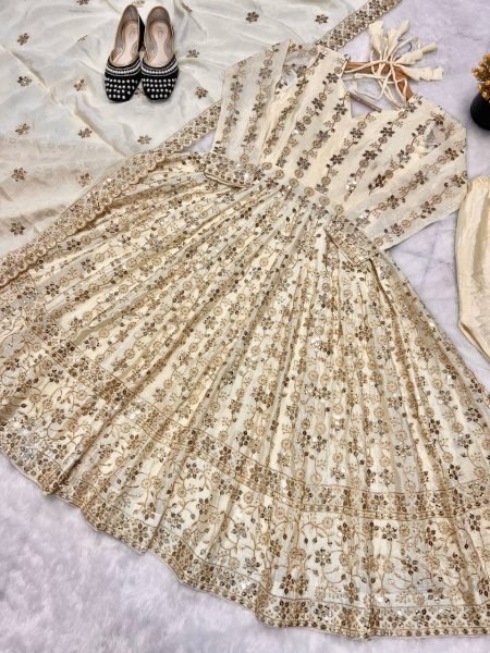 Off White Georgette Anarkali Suit With Heavy Sequin Embroidery Ready To Wear 3 Piece Set At Best Wholesale Price Anarkali Kurtis 