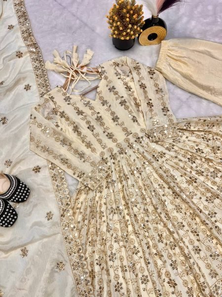 Off White Georgette Anarkali Suit With Heavy Sequin Embroidery Ready To Wear 3 Piece Set At Best Wholesale Price Anarkali Kurtis 