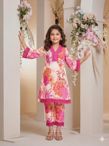 Off White Girls Cotton Printed Co Ord Set with V Neck Lace Design at Wholesale Rate Kurtis