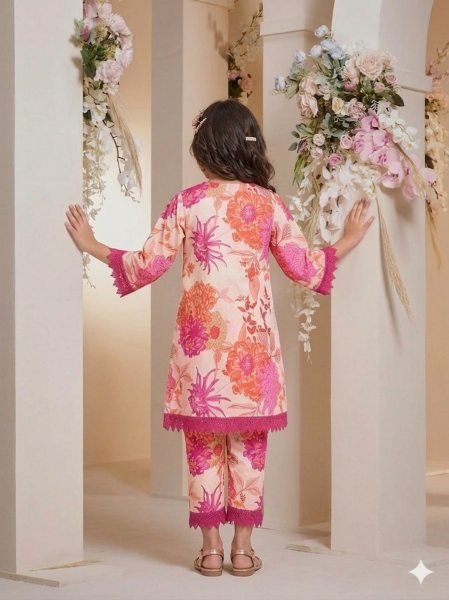 Off White Girls Cotton Printed Co Ord Set with V Neck Lace Design at Wholesale Rate Girls Wear