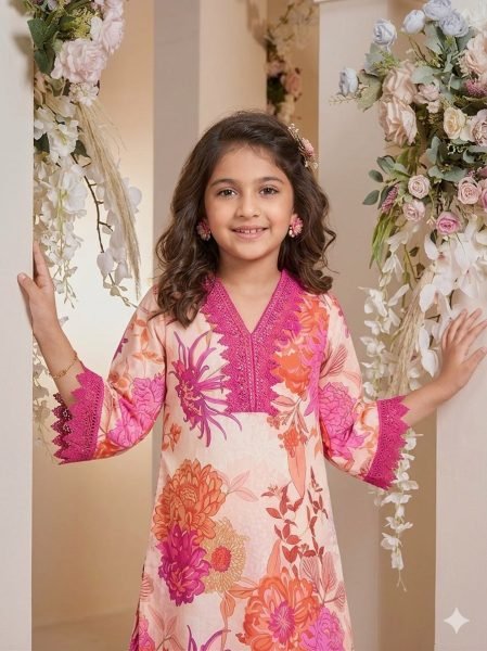 Off White Girls Cotton Printed Co Ord Set with V Neck Lace Design at Wholesale Rate Girls Wear