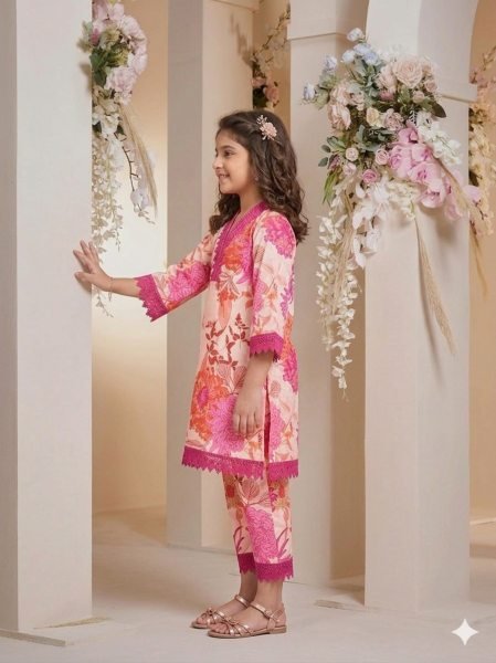 Off White Girls Cotton Printed Co Ord Set with V Neck Lace Design at Wholesale Rate Girls Wear