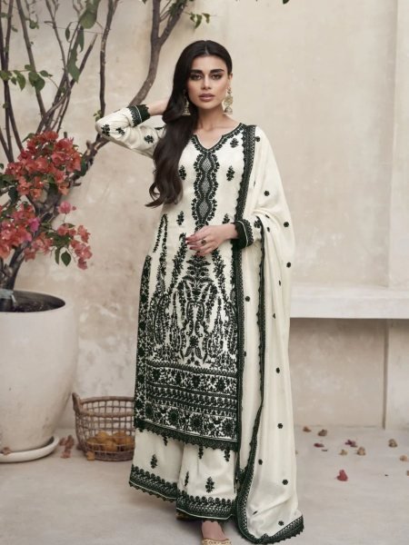 Off White Heavy Real Vichitra Sharara Suit with Embroidery Work 