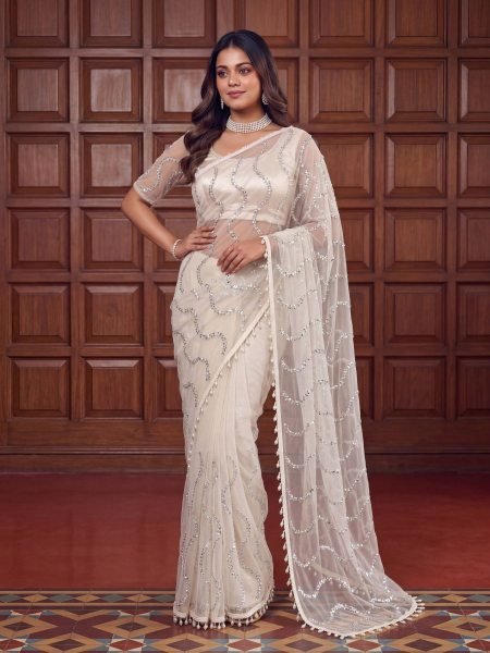 Off White Net Saree with Beads Sequins and Pearl Embroidery for Wedding Wear Sarees 