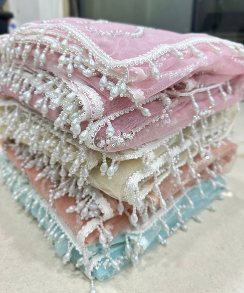 Off White Net Saree with Beads Sequins and Pearl Embroidery for Wedding Wear Net Sarees Wholesale