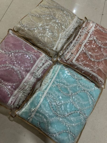 Off White Net Saree with Beads Sequins and Pearl Embroidery for Wedding Wear Net Sarees Wholesale