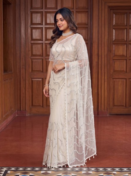 Off White Net Saree with Beads Sequins and Pearl Embroidery for Wedding Wear Net Sarees Wholesale