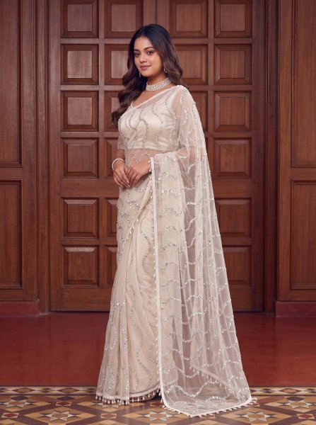 Off White Net Saree with Beads Sequins and Pearl Embroidery for Wedding Wear Net Sarees Wholesale
