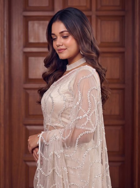 Off White Net Saree with Beads Sequins and Pearl Embroidery for Wedding Wear Net Sarees Wholesale