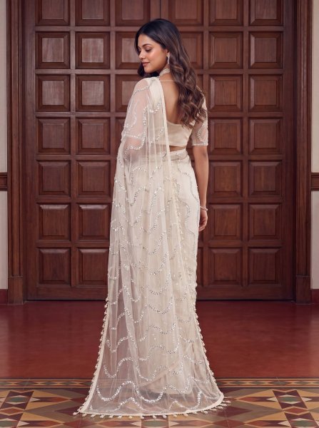 Off White Net Saree with Beads Sequins and Pearl Embroidery for Wedding Wear Net Sarees Wholesale