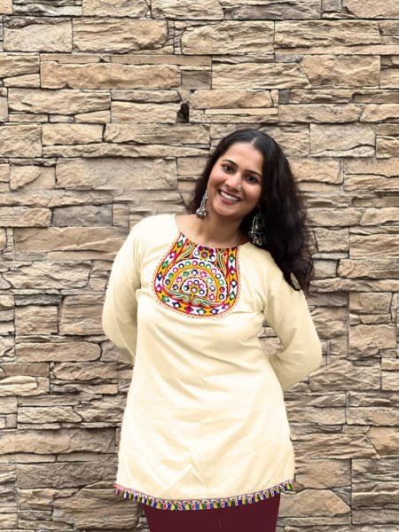 Off-White Rayon Mirror Work Short Kurti Trendy Gamthi Style for Dandiya Events Navratri Collection