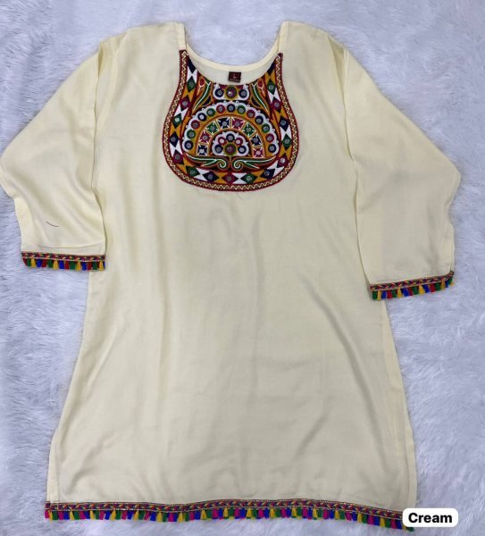 Off-White Rayon Mirror Work Short Kurti Trendy Gamthi Style for Dandiya Events Navratri Collection