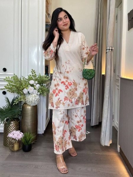 Off White Red Pure Lilan Cotton Embroidery Kurti Pant Set for Daily Wear Kurtis