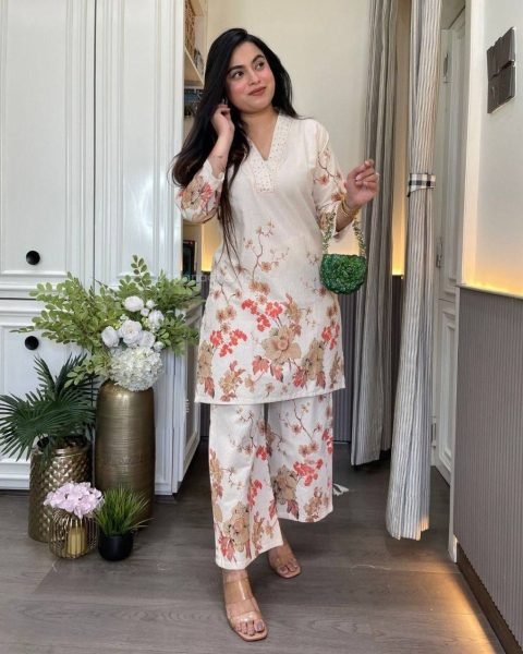 Off White Red Pure Lilan Cotton Embroidery Kurti Pant Set for Daily Wear CO ORD Sets