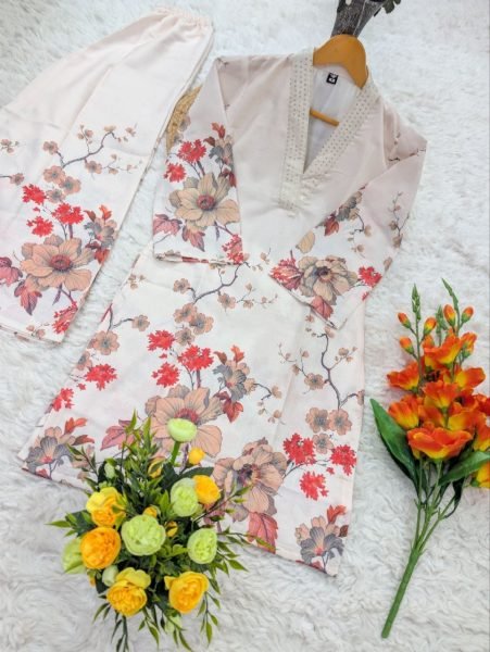 Off White Red Pure Lilan Cotton Embroidery Kurti Pant Set for Daily Wear CO ORD Sets