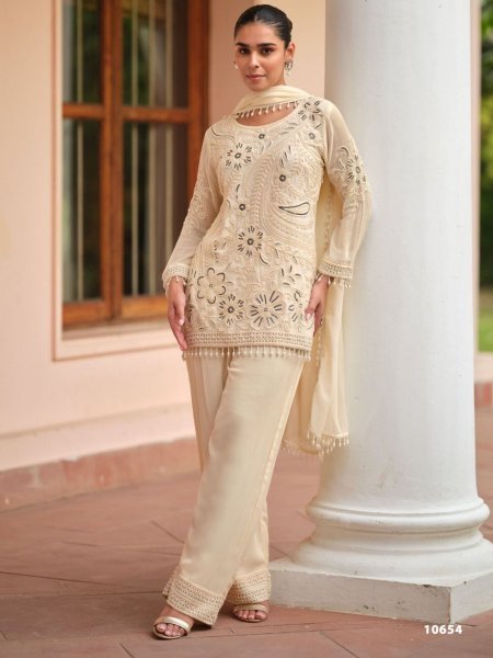 Off White Royal Georgette Palazzo Set for Reception and Engagement Functions 