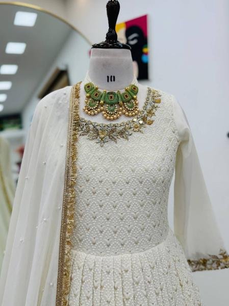 Off White Sequin & Mirror Embroidery Work Georgette Long Gown with Dupatta for Receptions & Parties Ready To Wear Collection