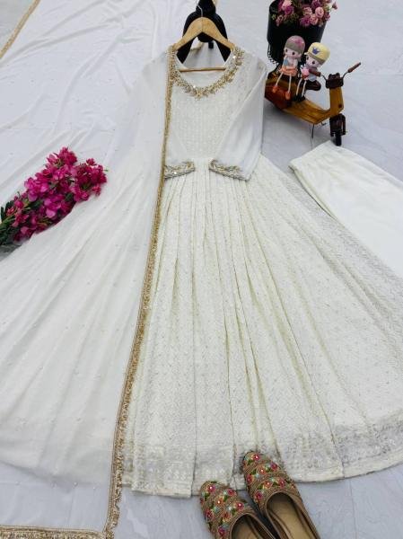 Off White Sequin & Mirror Embroidery Work Georgette Long Gown with Dupatta for Receptions & Parties Ready To Wear Collection