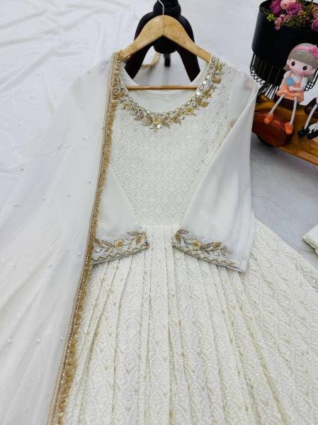Off White Sequin & Mirror Embroidery Work Georgette Long Gown with Dupatta for Receptions & Parties Ready To Wear Collection