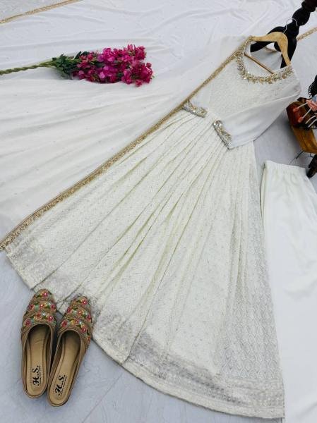 Off White Sequin & Mirror Embroidery Work Georgette Long Gown with Dupatta for Receptions & Parties Ready To Wear Collection