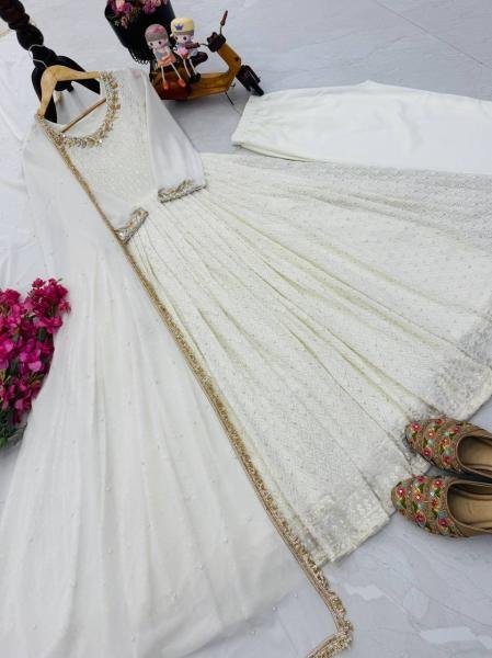 Off White Sequin & Mirror Embroidery Work Georgette Long Gown with Dupatta for Receptions & Parties Ready To Wear Collection