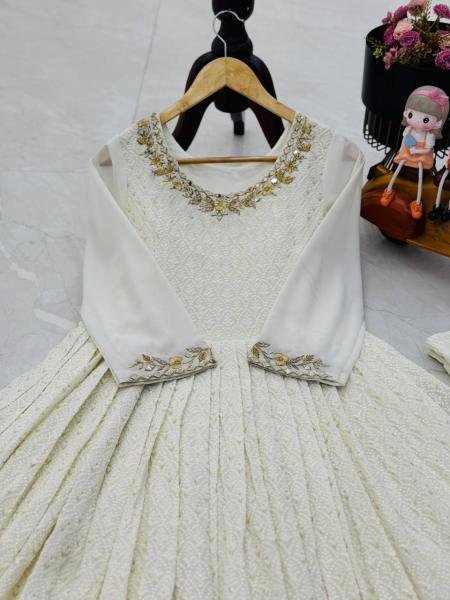 Off White Sequin & Mirror Embroidery Work Georgette Long Gown with Dupatta for Receptions & Parties Ready To Wear Collection